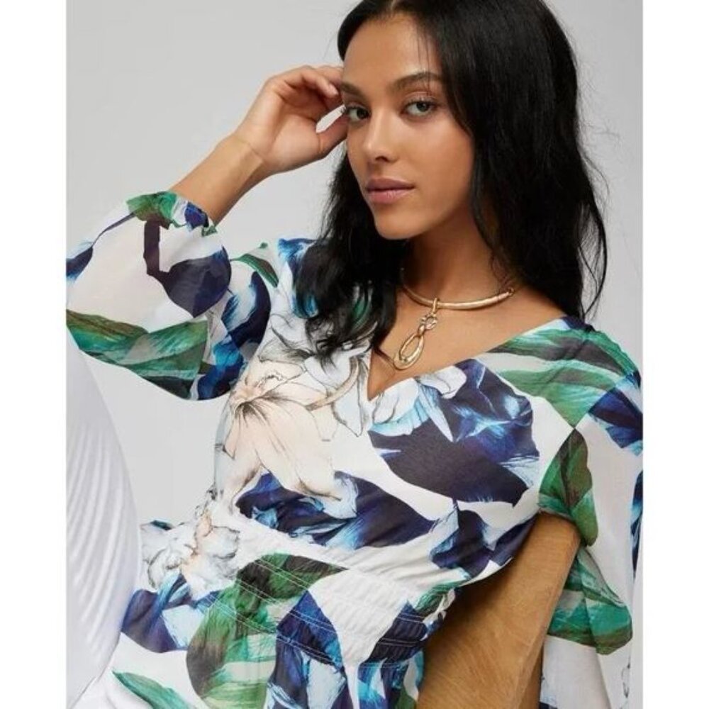 White House Black Market White Floral V-Neck Blouse with Blue and Green Print